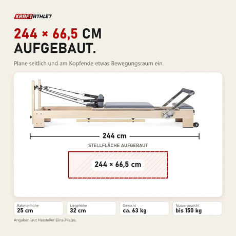 Maßbild Elina Pilates Lignum Reformer: 244 cm lang, Stellfläche 244 × 66,5 cm, Liegehöhe 32 cm