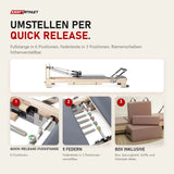 Elina Pilates Lignum Reformer in Grau mit Details zu Quick-Release-Fußstange, Federleiste und Box