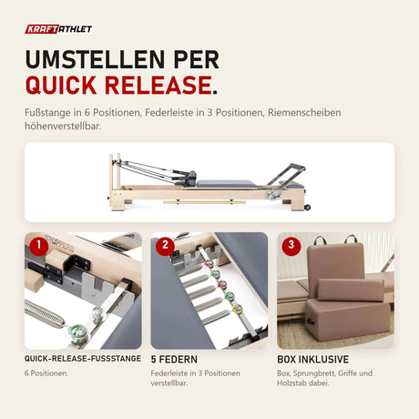 Elina Pilates Lignum Reformer in Grau mit Details zu Quick-Release-Fußstange, Federleiste und Box