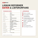 Technische Daten und Lieferumfang des Elina Pilates Lignum Reformers als Tabelle