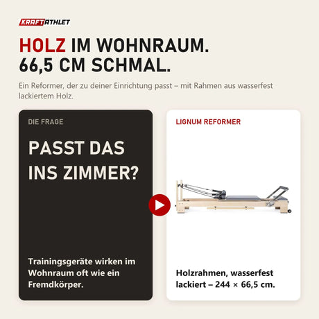 Gegenüberstellung: Frage nach dem Wohnraum und Elina Pilates Lignum Reformer mit Holzrahmen, 244 × 66,5 cm