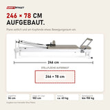Maßbild Elina Pilates Nubium Reformer: 246 cm lang, Stellfläche 246 × 78 cm, Liegehöhe 36 cm