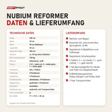 Technische Daten und Lieferumfang des Elina Pilates Nubium Reformers als Tabelle