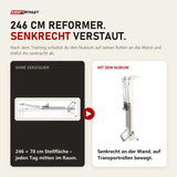 Vergleich: Elina Pilates Nubium Reformer liegend mit 246 × 78 cm Stellfläche und senkrecht an der Wand verstaut