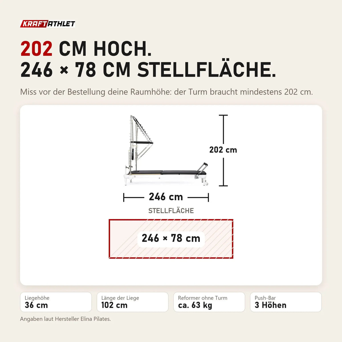 Maßbild Elina Pilates Nubium mit Tower: 202 cm hoch, 246 cm lang, Stellfläche 246 × 78 cm