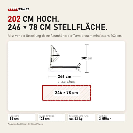 Maßbild Elina Pilates Nubium mit Tower: 202 cm hoch, 246 cm lang, Stellfläche 246 × 78 cm