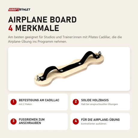 Elina Pilates Airplane Board mit 4 Merkmalen: Befestigung am Cadillac, Solide Holzbasis, Fußriemen zum Anschrauben, Für die Airplane-Übung