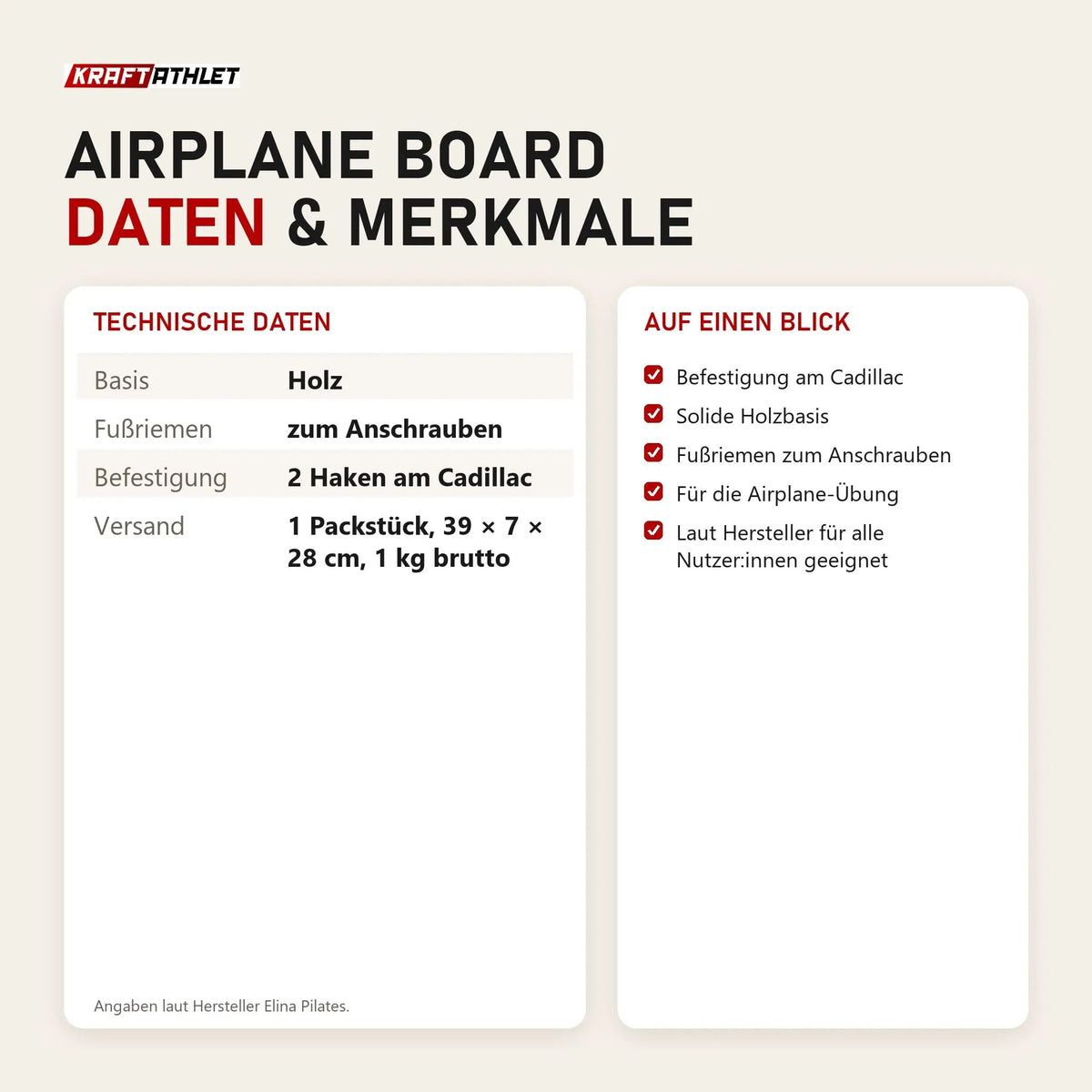 Technische Daten und Merkmale von Elina Pilates Airplane Board als Tabelle