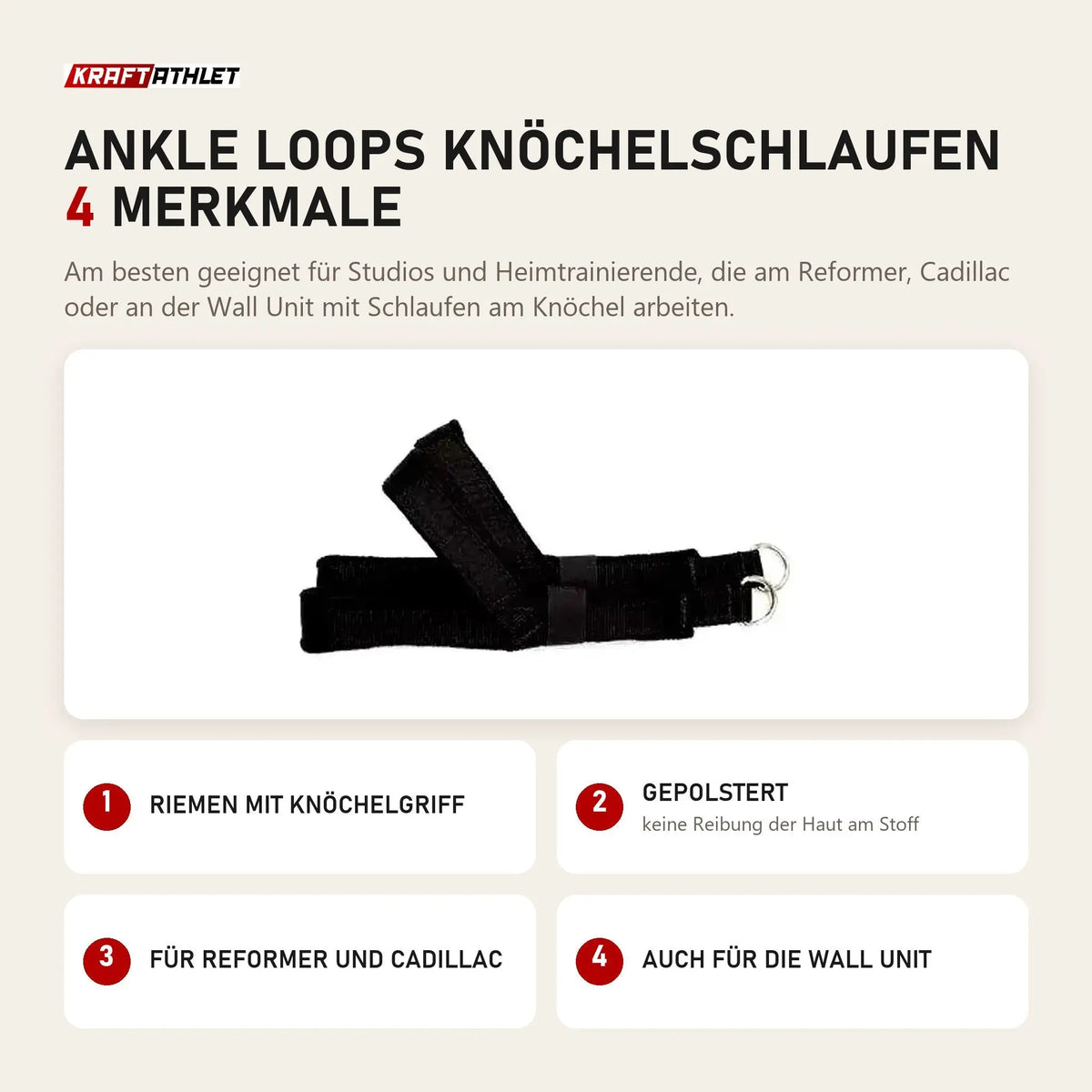 Elina Pilates Ankle Loops Knöchelschlaufen mit 4 Merkmalen: Riemen mit Knöchelgriff, Gepolstert, Für Reformer und Cadillac, Auch für die Wall Unit