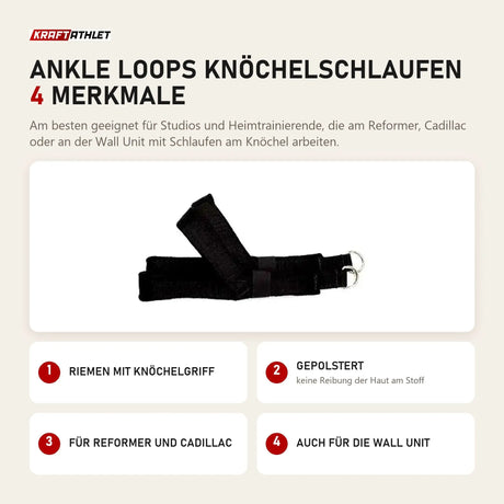 Elina Pilates Ankle Loops Knöchelschlaufen mit 4 Merkmalen: Riemen mit Knöchelgriff, Gepolstert, Für Reformer und Cadillac, Auch für die Wall Unit