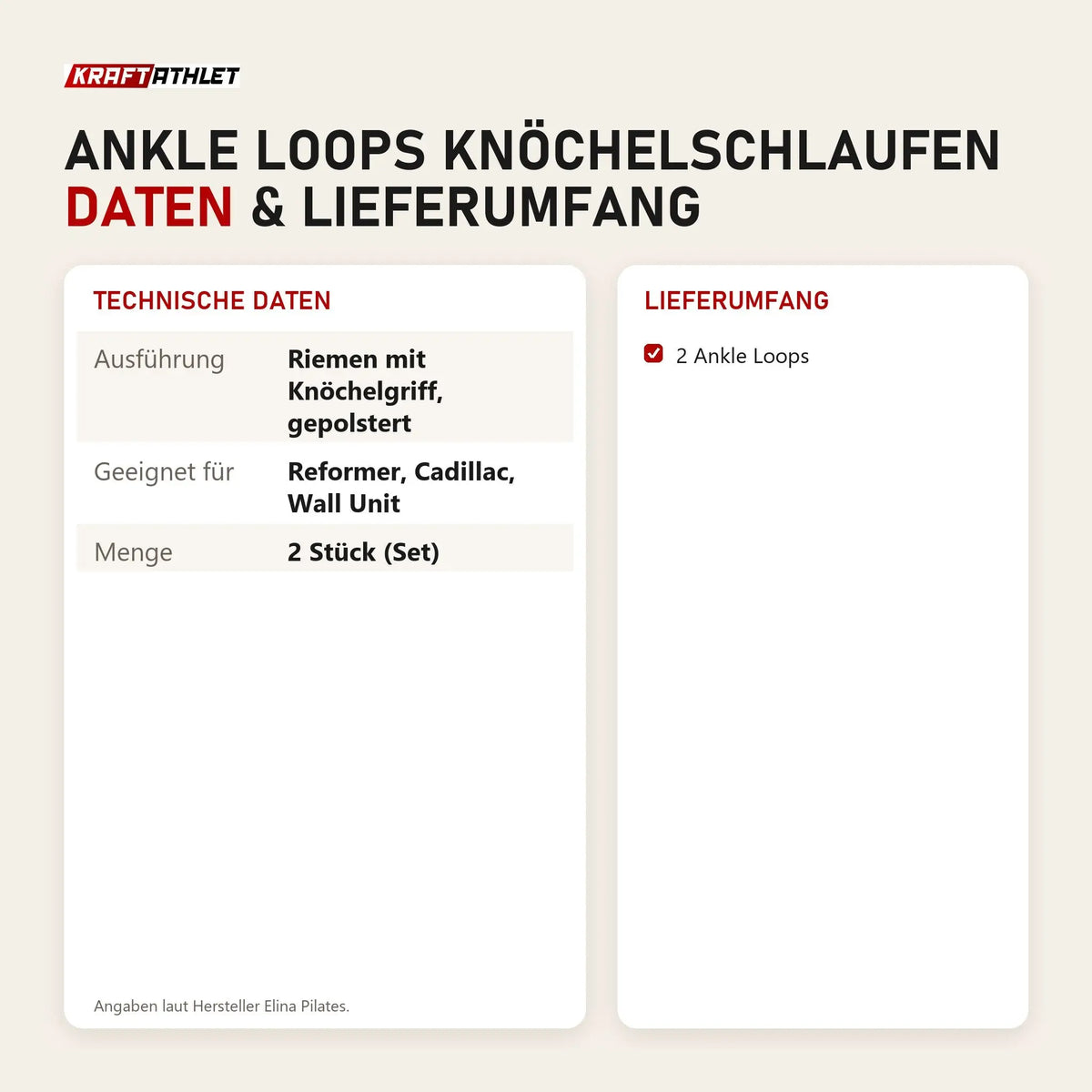 Technische Daten und Lieferumfang von Elina Pilates Ankle Loops Knöchelschlaufen als Tabelle