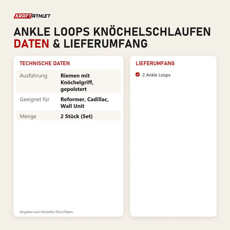 Technische Daten und Lieferumfang von Elina Pilates Ankle Loops Knöchelschlaufen als Tabelle