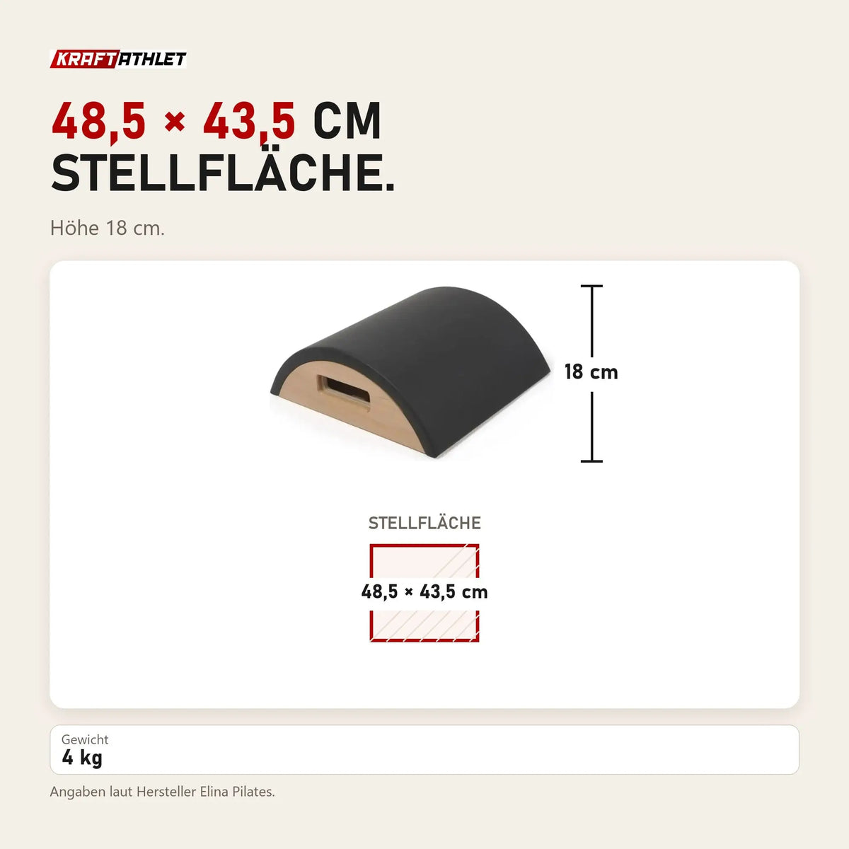 Maßbild Elina Pilates Arc aus Holz: Stellfläche 48,5 × 43,5 cm, Höhe 18 cm