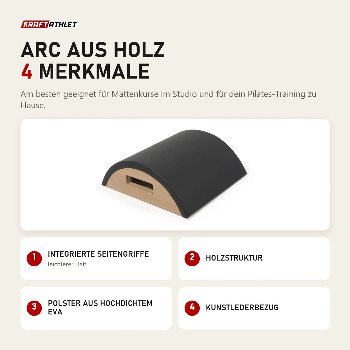 Elina Pilates Arc aus Holz mit 4 Merkmalen: Integrierte Seitengriffe, Holzstruktur, Polster aus hochdichtem EVA, Kunstlederbezug