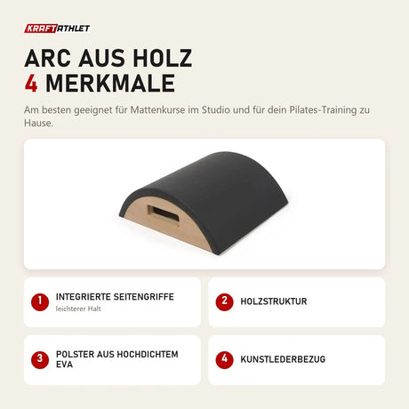 Elina Pilates Arc aus Holz mit 4 Merkmalen: Integrierte Seitengriffe, Holzstruktur, Polster aus hochdichtem EVA, Kunstlederbezug