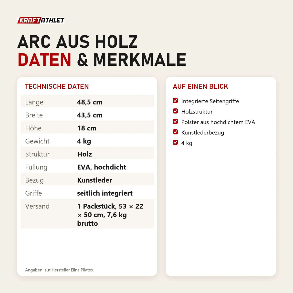 Technische Daten und Merkmale von Elina Pilates Arc aus Holz als Tabelle