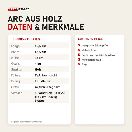 Technische Daten und Merkmale von Elina Pilates Arc aus Holz als Tabelle