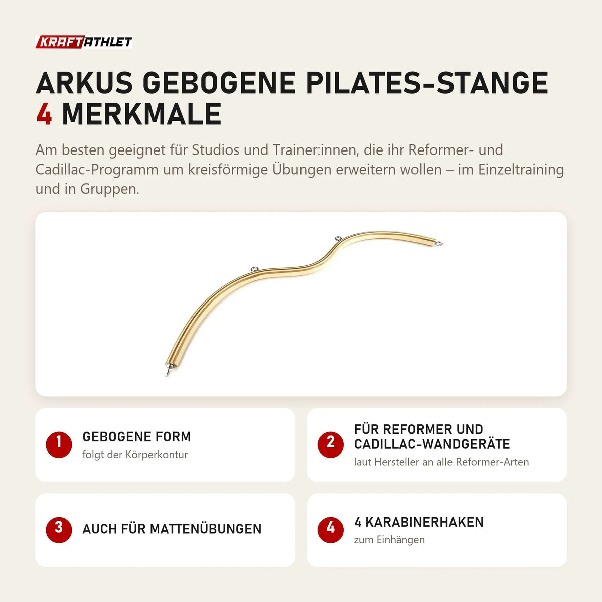 Elina Pilates Arkus gebogene Pilates-Stange mit 4 Merkmalen: Gebogene Form, Für Reformer und Cadillac-Wandgeräte, Auch für Mattenübungen, 4 Karabinerhaken
