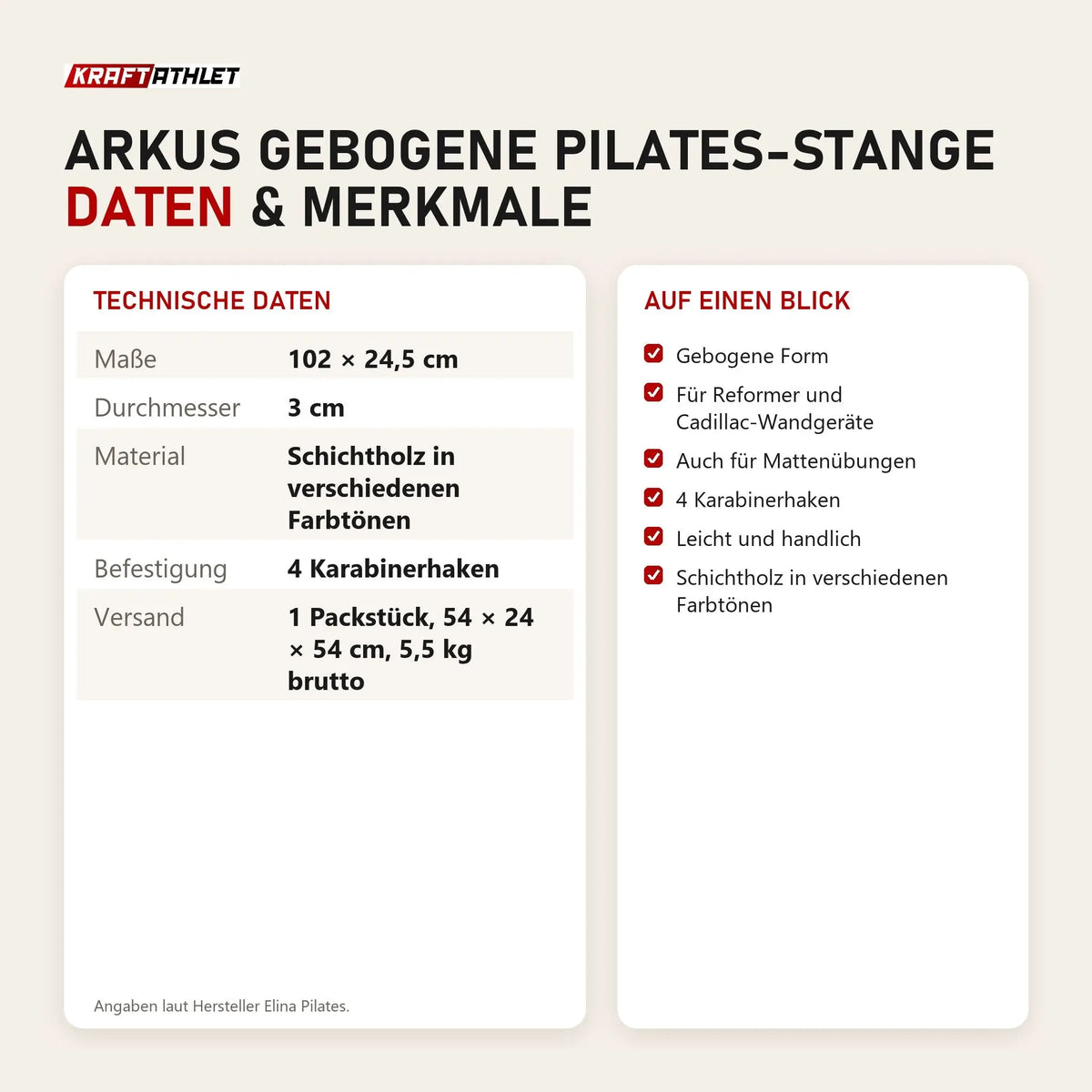 Technische Daten und Merkmale von Elina Pilates Arkus gebogene Pilates-Stange als Tabelle