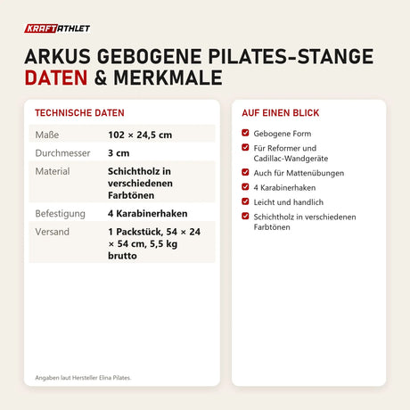 Technische Daten und Merkmale von Elina Pilates Arkus gebogene Pilates-Stange als Tabelle