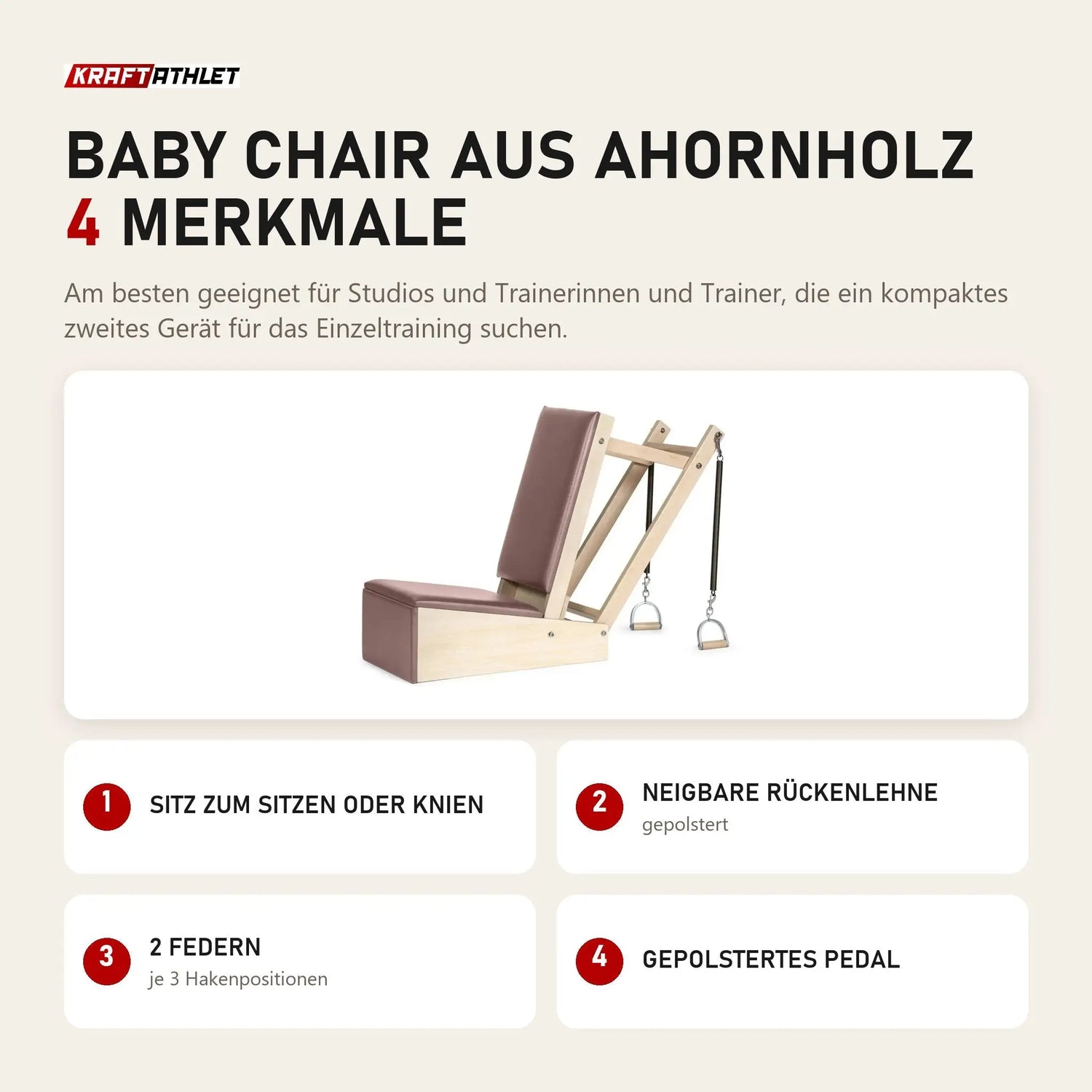 Elina Pilates Baby Chair aus Ahornholz mit 4 Merkmalen: Sitz zum Sitzen oder Knien, Neigbare Rückenlehne, 2 Federn, Gepolstertes Pedal