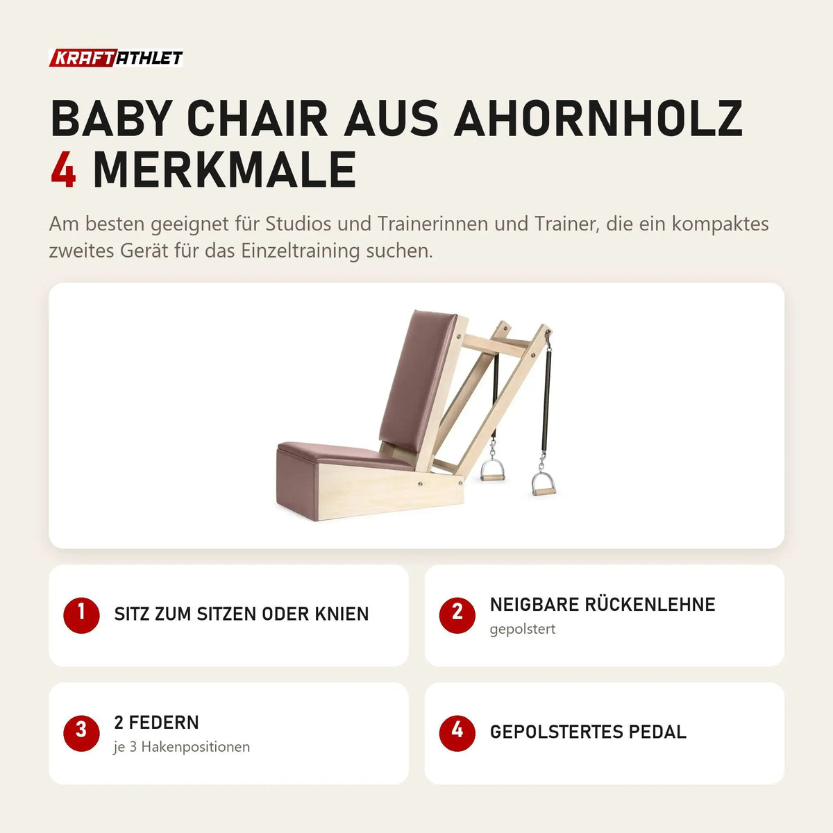 Elina Pilates Baby Chair aus Ahornholz mit 4 Merkmalen: Sitz zum Sitzen oder Knien, Neigbare Rückenlehne, 2 Federn, Gepolstertes Pedal