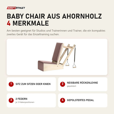 Elina Pilates Baby Chair aus Ahornholz mit 4 Merkmalen: Sitz zum Sitzen oder Knien, Neigbare Rückenlehne, 2 Federn, Gepolstertes Pedal