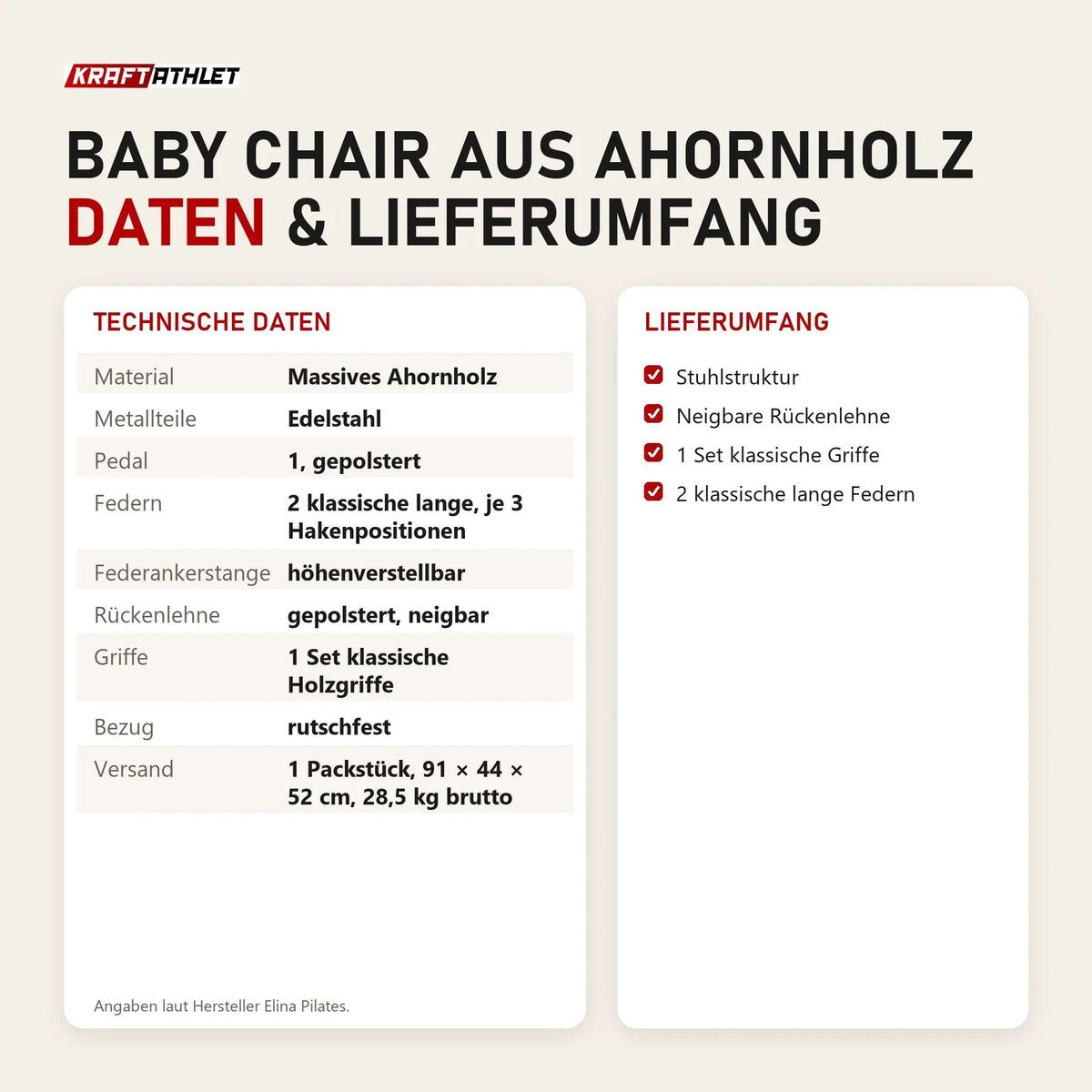Technische Daten und Lieferumfang von Elina Pilates Baby Chair aus Ahornholz als Tabelle