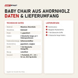 Technische Daten und Lieferumfang von Elina Pilates Baby Chair aus Ahornholz als Tabelle