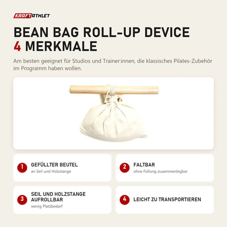 Elina Pilates Bean Bag Roll-Up Device mit 4 Merkmalen: Gefüllter Beutel, Faltbar, Seil und Holzstange aufrollbar, Leicht zu transportieren