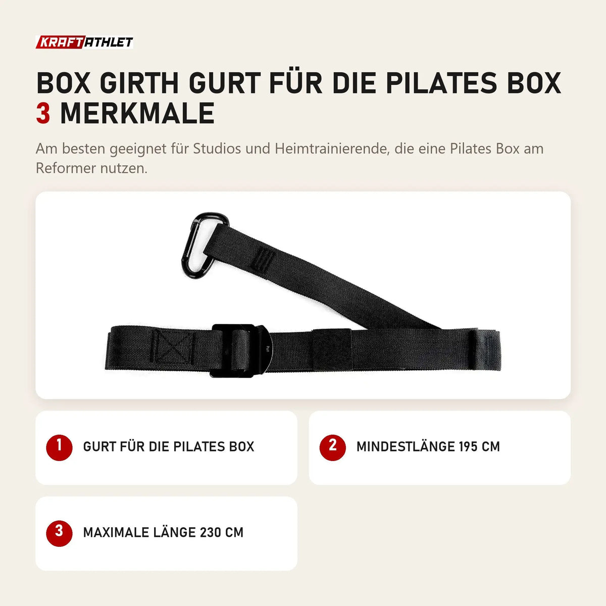 Elina Pilates Box Girth Gurt für die Pilates Box mit 3 Merkmalen: Gurt für die Pilates Box, Mindestlänge 195 cm, Maximale Länge 230 cm