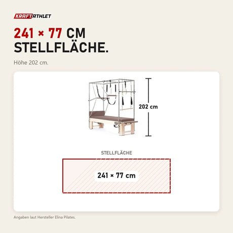 Maßbild Elina Pilates Cadillac Elite Reformer aus Rock-Ahorn: Stellfläche 241 × 77 cm, Höhe 202 cm