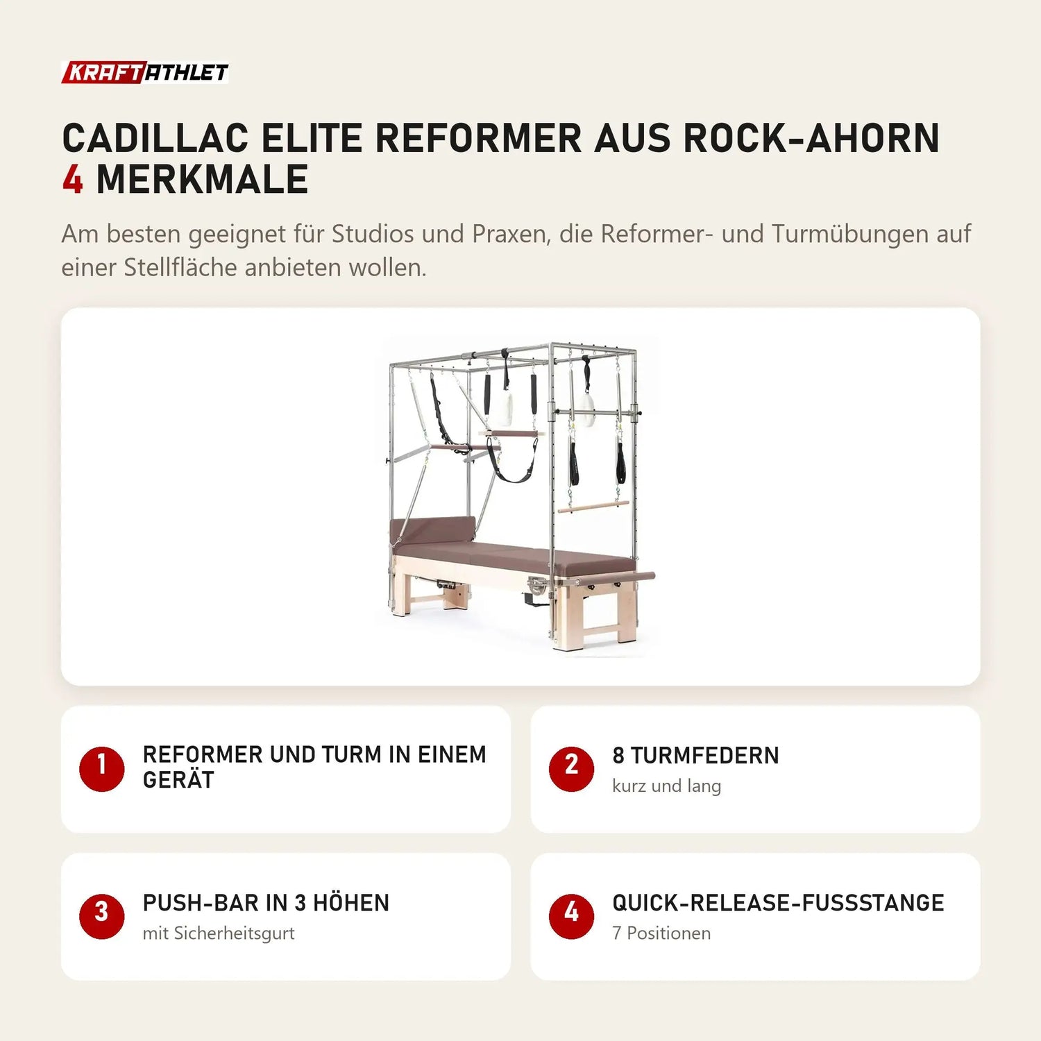 Elina Pilates Cadillac Elite Reformer aus Rock-Ahorn mit 4 Merkmalen: Reformer und Turm in einem Gerät, 8 Turmfedern, Push-Bar in 3 Höhen, Quick-Release-Fußstange