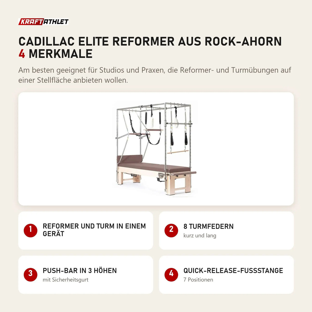 Elina Pilates Cadillac Elite Reformer aus Rock-Ahorn mit 4 Merkmalen: Reformer und Turm in einem Gerät, 8 Turmfedern, Push-Bar in 3 Höhen, Quick-Release-Fußstange