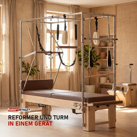 Elina Pilates Cadillac Elite Reformer aus Rock-Ahorn in einem hellen Pilates-Studio mit Holz und Leinen