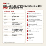 Technische Daten und Lieferumfang von Elina Pilates Cadillac Elite Reformer aus Rock-Ahorn als Tabelle