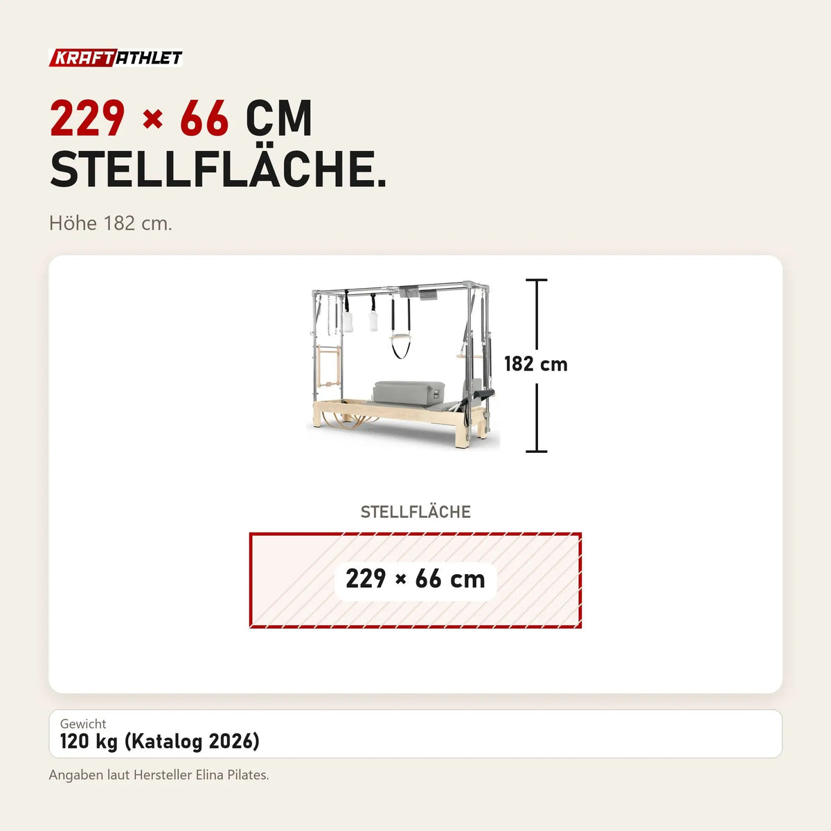 Maßbild Elina Pilates Cadillac Reformer aus Ahornholz: Stellfläche 229 × 66 cm, Höhe 182 cm