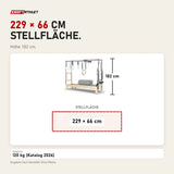 Maßbild Elina Pilates Cadillac Reformer aus Ahornholz: Stellfläche 229 × 66 cm, Höhe 182 cm