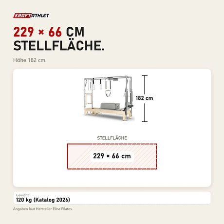 Maßbild Elina Pilates Cadillac Reformer aus Ahornholz: Stellfläche 229 × 66 cm, Höhe 182 cm