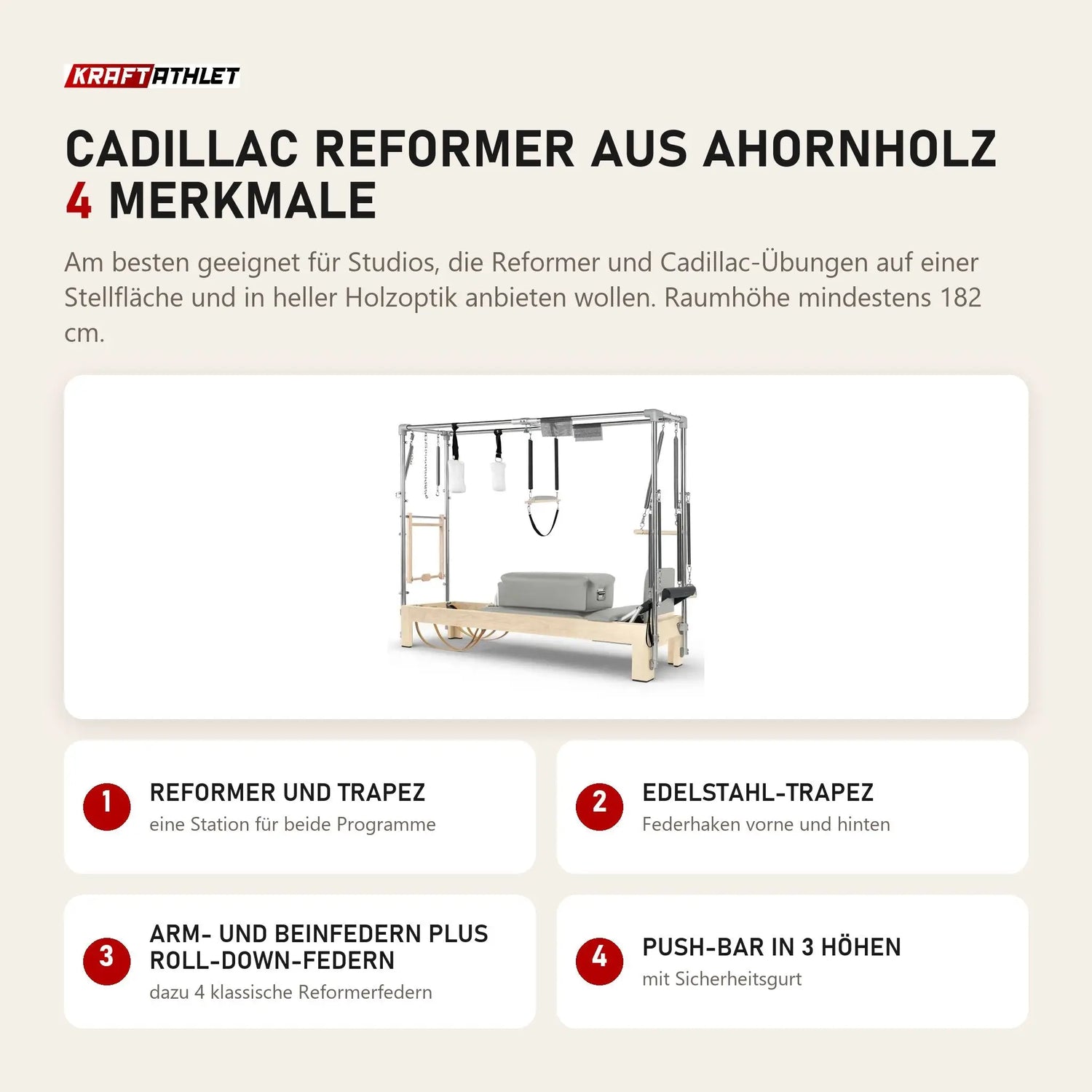 Elina Pilates Cadillac Reformer aus Ahornholz mit 4 Merkmalen: Reformer und Trapez, Edelstahl-Trapez, Arm- und Beinfedern plus Roll-Down-Federn, Push-Bar in 3 Höhen