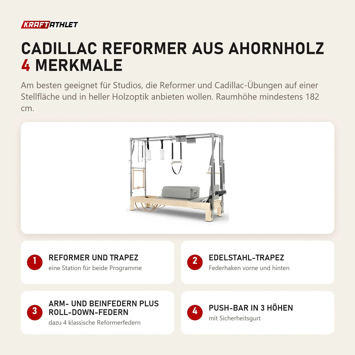 Elina Pilates Cadillac Reformer aus Ahornholz mit 4 Merkmalen: Reformer und Trapez, Edelstahl-Trapez, Arm- und Beinfedern plus Roll-Down-Federn, Push-Bar in 3 Höhen