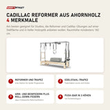 Elina Pilates Cadillac Reformer aus Ahornholz mit 4 Merkmalen: Reformer und Trapez, Edelstahl-Trapez, Arm- und Beinfedern plus Roll-Down-Federn, Push-Bar in 3 Höhen