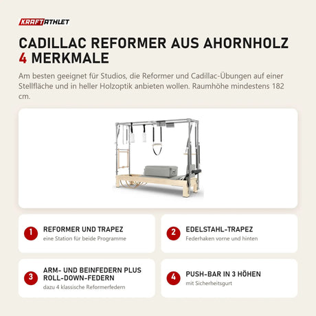 Elina Pilates Cadillac Reformer aus Ahornholz mit 4 Merkmalen: Reformer und Trapez, Edelstahl-Trapez, Arm- und Beinfedern plus Roll-Down-Federn, Push-Bar in 3 Höhen