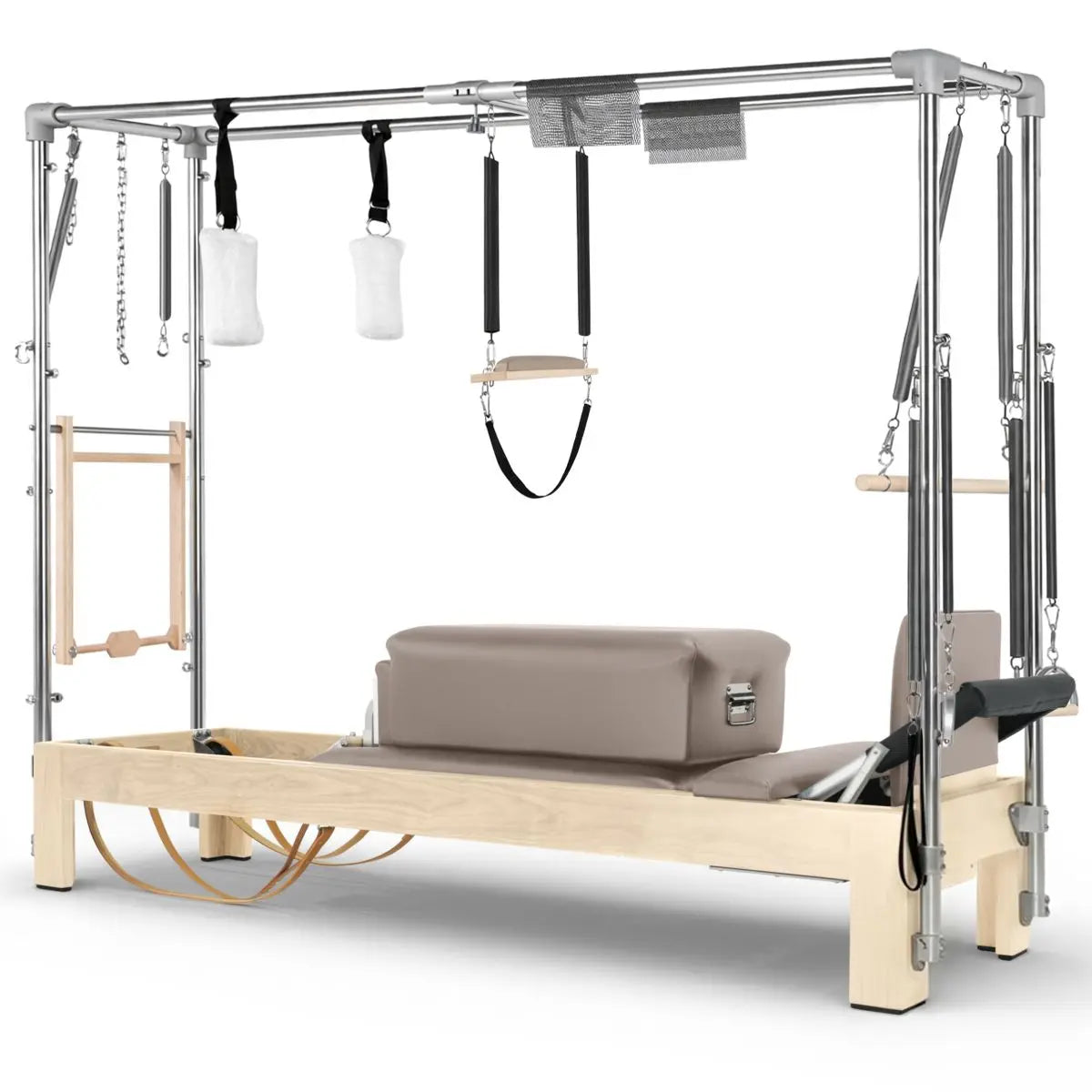 Elina Pilates Cadillac Reformer aus Ahornholz, Seitenansicht mit Polstern in Altrosa und Trapez-Rahmen aus Aluminium