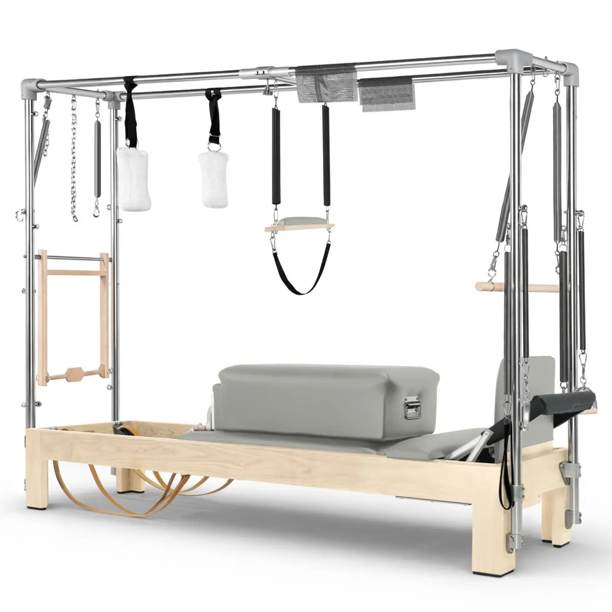 Elina Pilates Cadillac Reformer aus Ahornholz, Seitenansicht mit Polstern in Eukalyptus und Trapez-Rahmen aus Aluminium