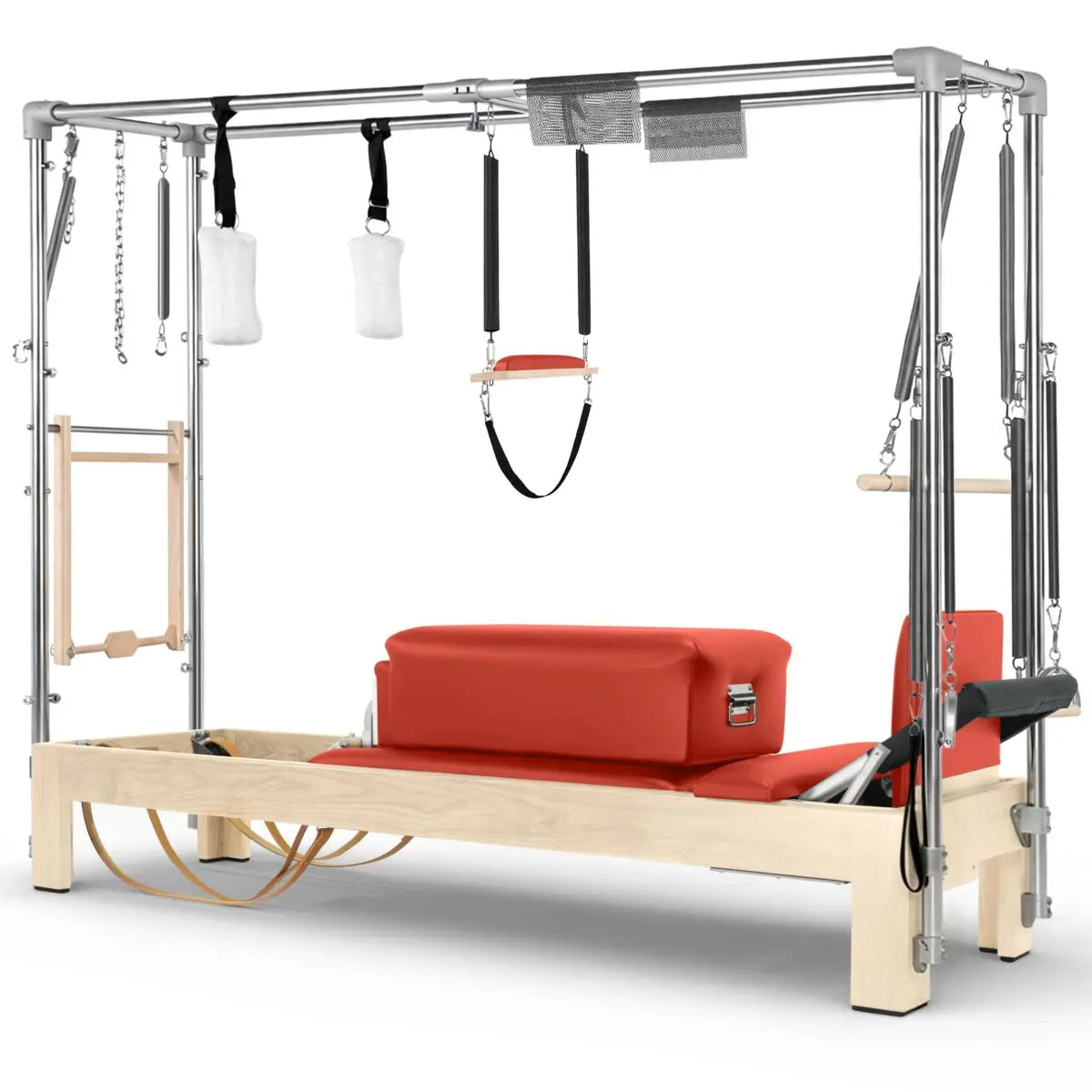 Elina Pilates Cadillac Reformer aus Ahornholz, Seitenansicht mit Polstern in Rot und Trapez-Rahmen aus Aluminium