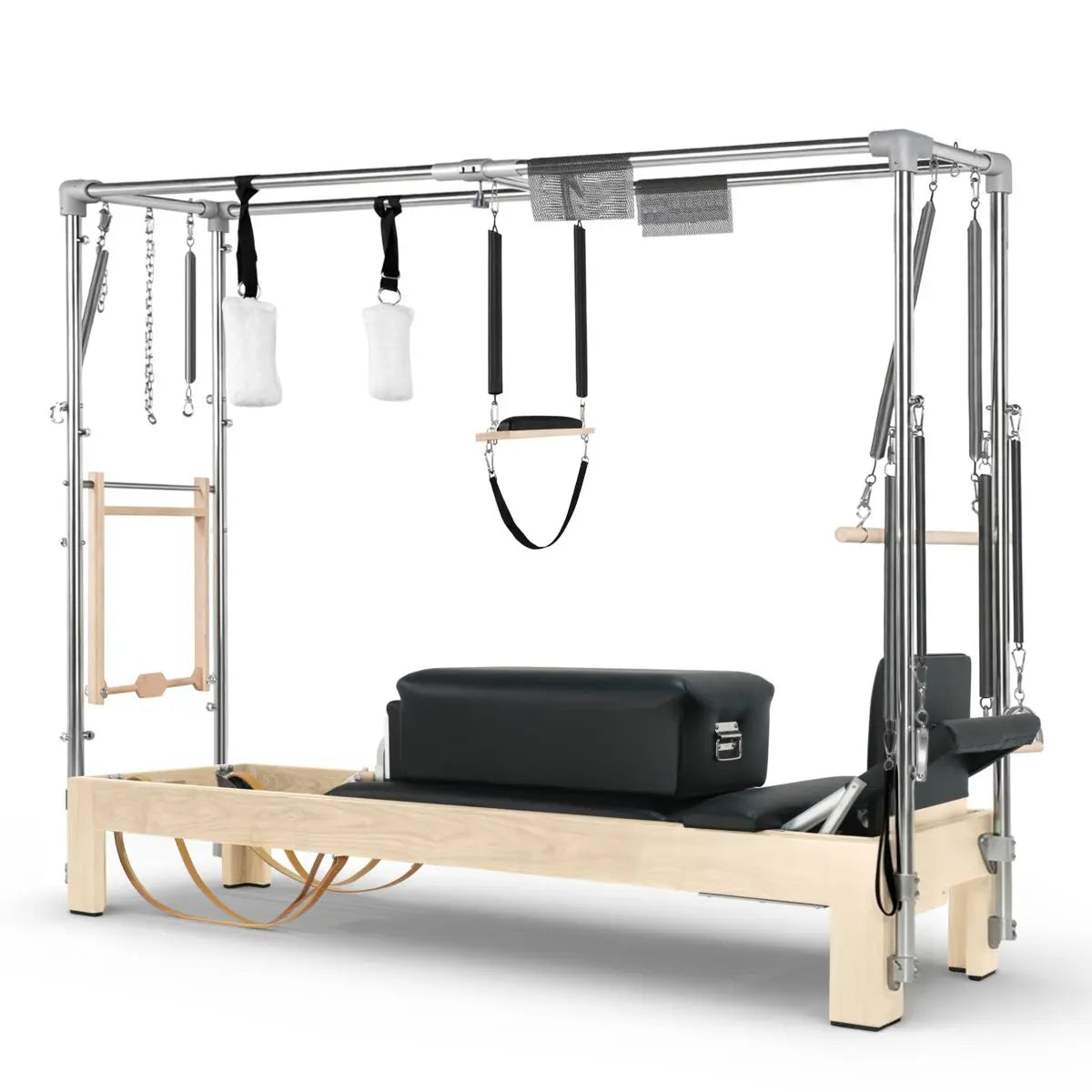 Elina Pilates Cadillac Reformer aus Ahornholz, Seitenansicht mit Polstern in Schwarz und Trapez-Rahmen aus Aluminium