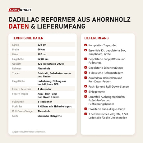 Technische Daten und Lieferumfang von Elina Pilates Cadillac Reformer aus Ahornholz als Tabelle