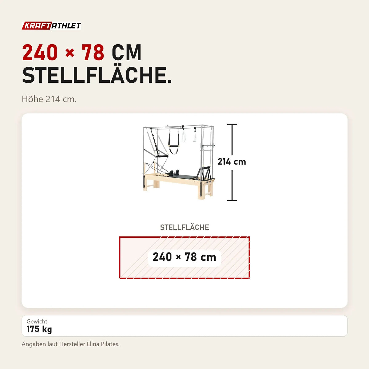 Maßbild Elina Pilates Cadillac Reformer aus Rock-Ahorn: Stellfläche 240 × 78 cm, Höhe 214 cm