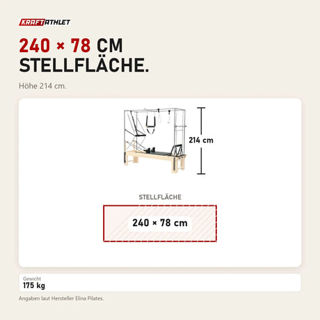 Maßbild Elina Pilates Cadillac Reformer aus Rock-Ahorn: Stellfläche 240 × 78 cm, Höhe 214 cm